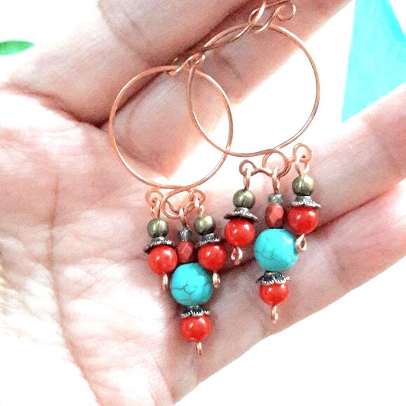 artisan earrings 607#mfs South Western blue stone red fringe dangle hoop earring - Picture 4 of 5